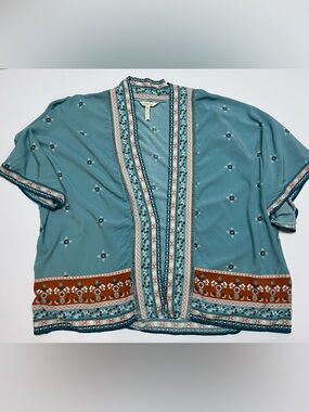 Matilda Jane Kimono Style Top Medium Teal Boho Floral Border Print Open Front